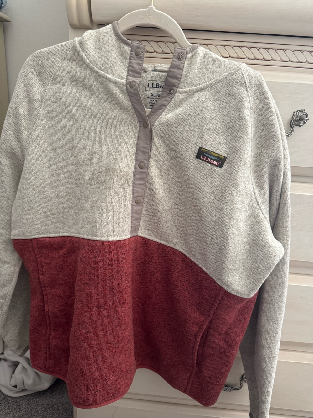 L.L. Bean Two-Tone Snap Pullover - Oatmeal & Burgundy Red